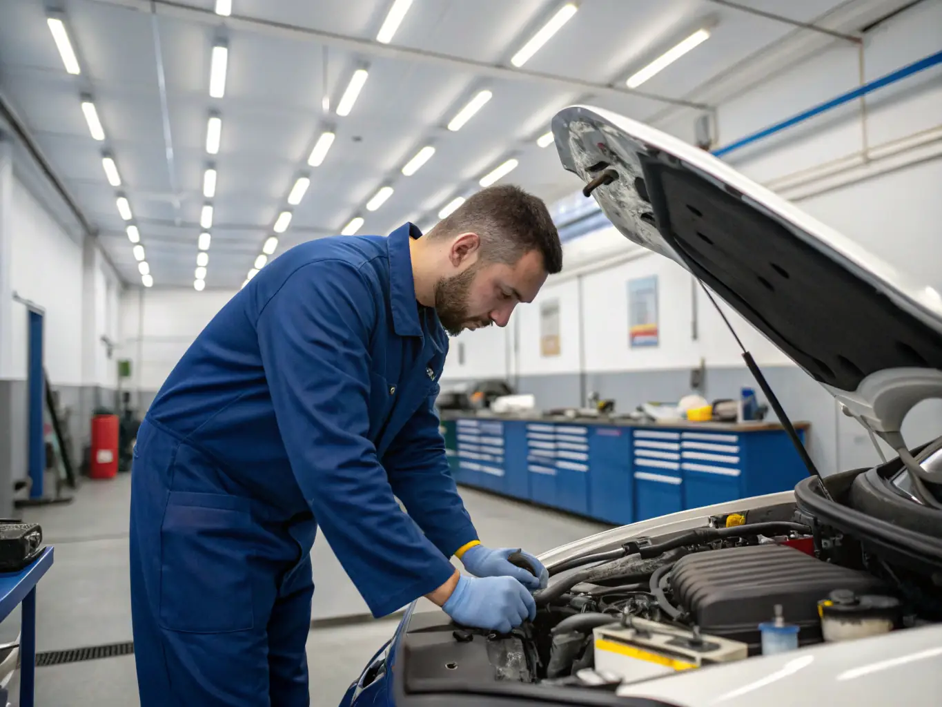 A mechanic inspecting a car engine in our workshop, showcasing the expertise and advanced equipment used for vehicle repairs.
