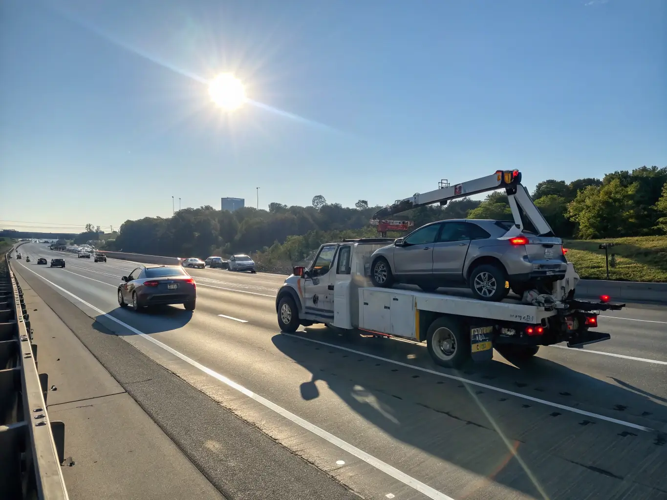 An image of a car being towed to a repair shop, illustrating the towing services offered by 24/7 Car Breakdown.