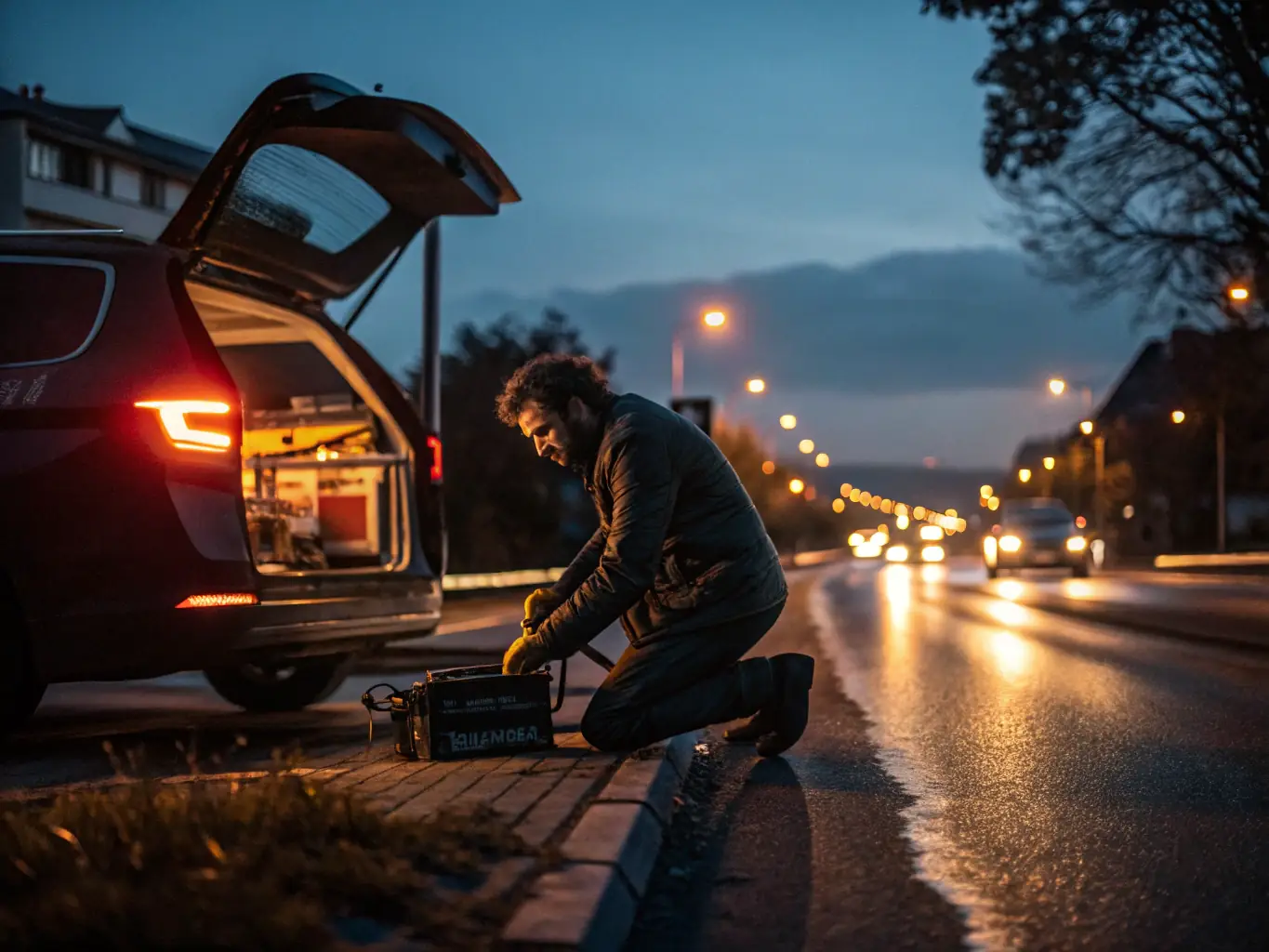 An image of a roadside assistance vehicle helping a stranded car at night, emphasizing the 24/7 availability and quick response time.