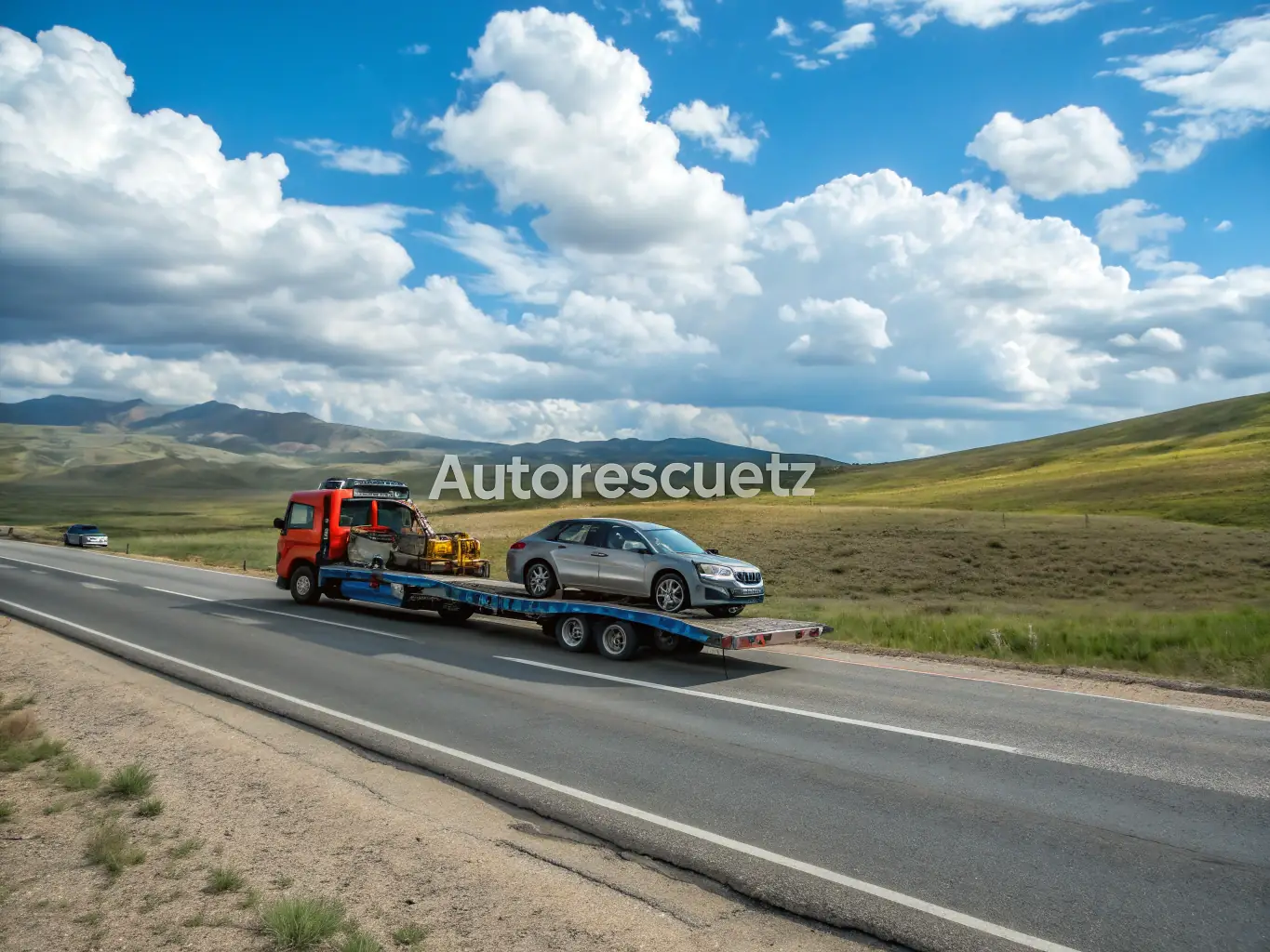 A car being towed to a repair shop with a scenic landscape in the background, suggesting long-distance towing.