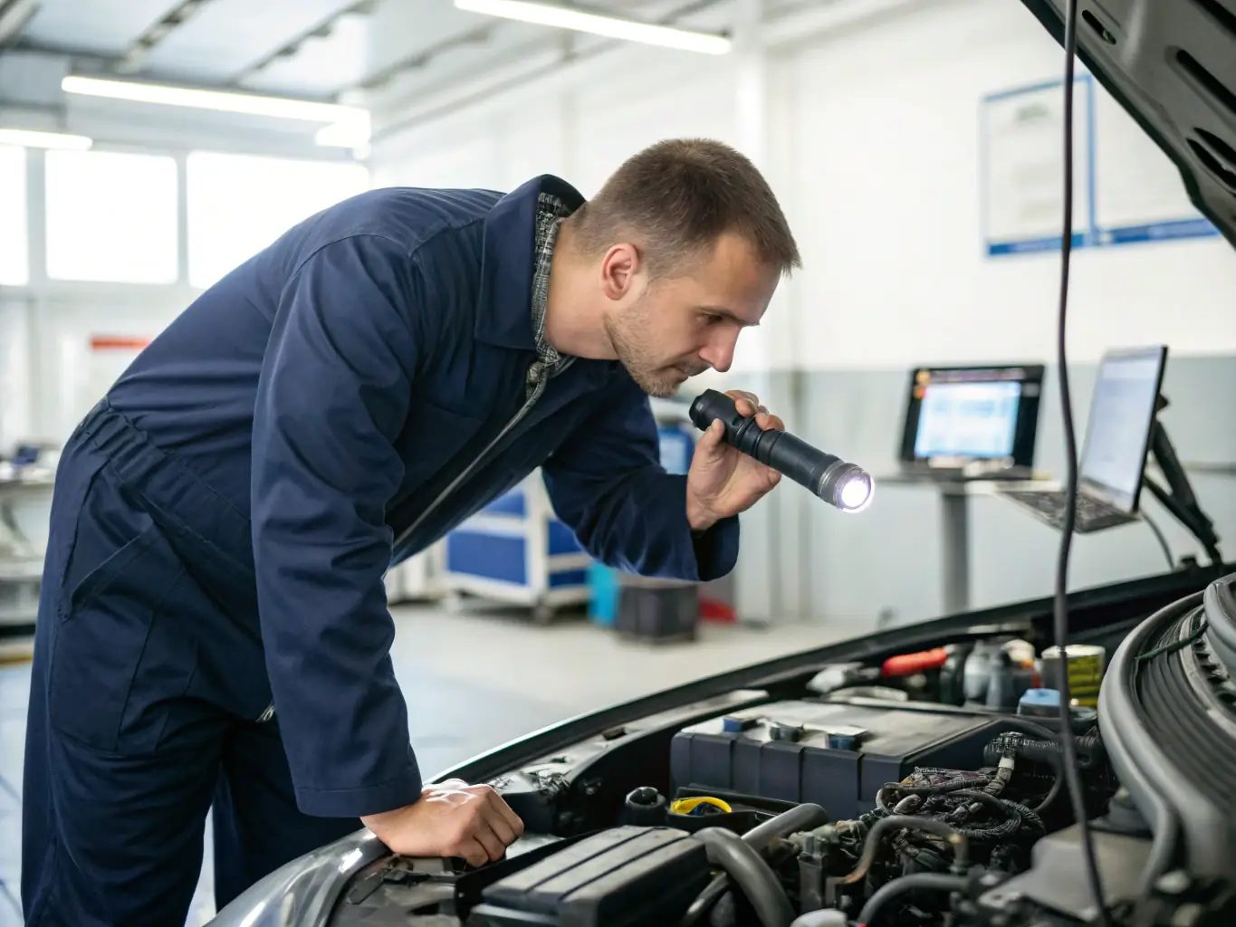A mechanic diagnosing a car engine problem with diagnostic tools in a well-equipped garage.