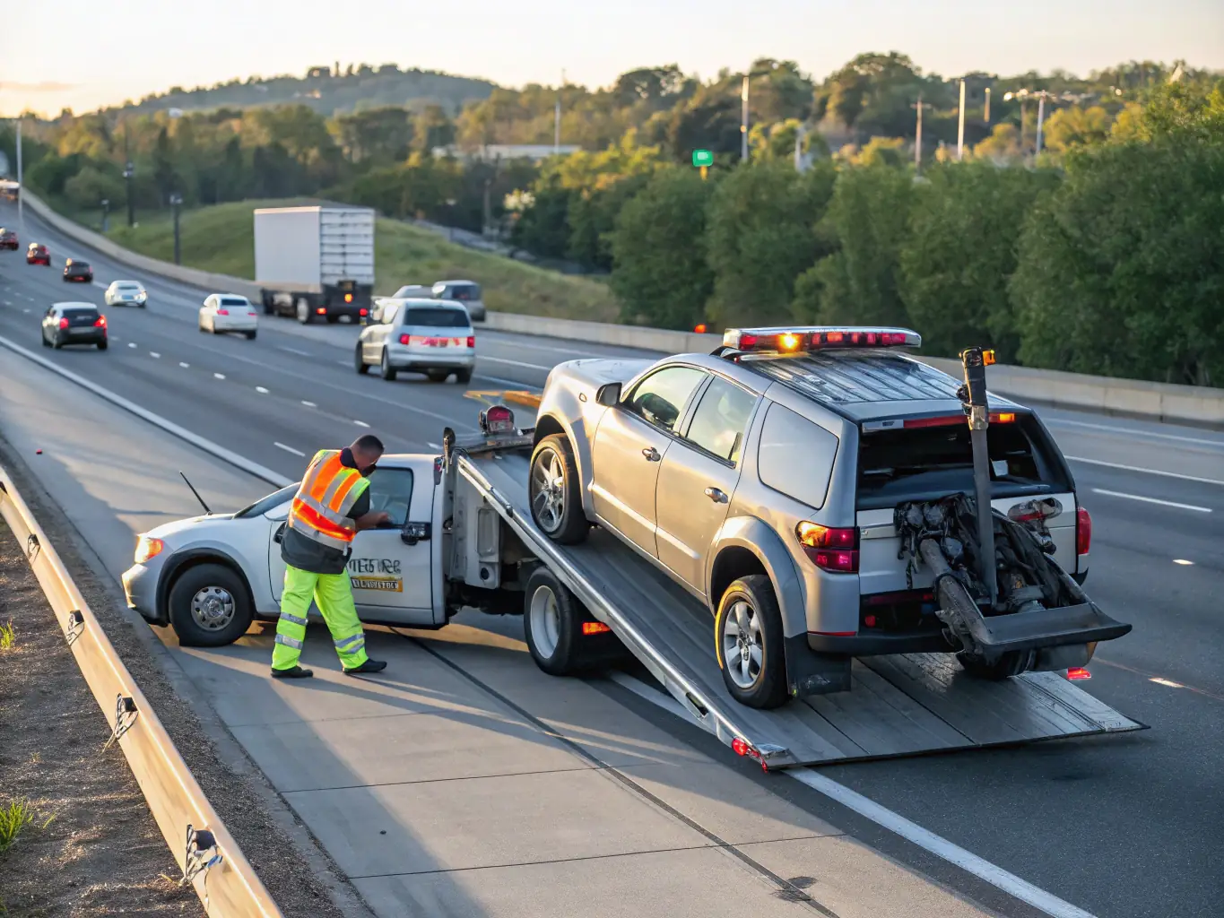 An image of a pristine Audi Q7 being safely towed by a 24/7 Car Breakdown towing truck, highlighting the company's commitment to safe and reliable vehicle transportation.