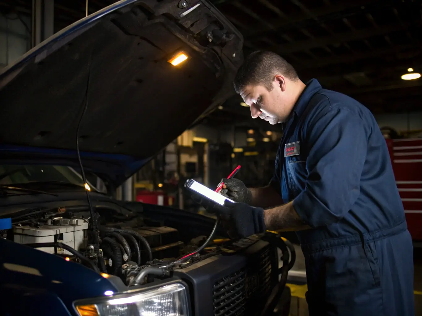 A detailed image showcasing a certified mechanic from 24/7 Car Breakdown performing diagnostic checks on an Audi Q7 engine, emphasizing the company's specialized expertise.