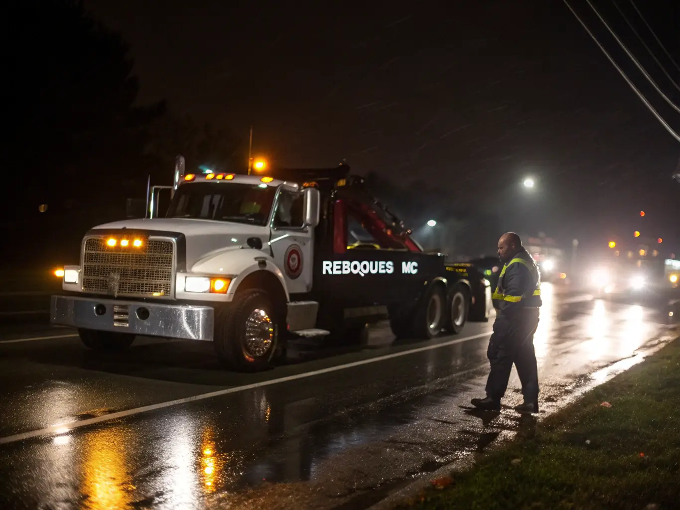 A tow truck assisting a broken-down car on a busy city street at night, emphasizing the 24/7 availability of the service.